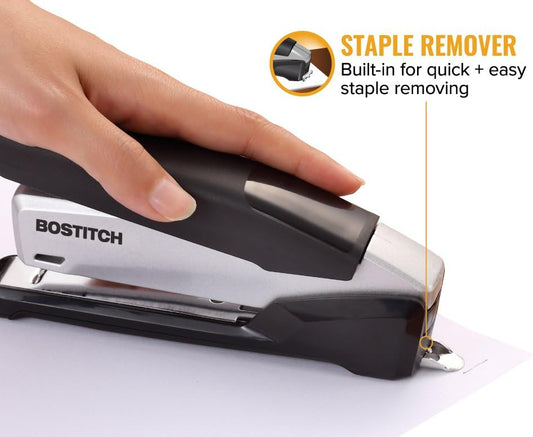 Bostitch Office Executive Metal Desktop Stapler, 3 in 1 Spring Powered Stapler, One Finger, Staple Storage Compartment & Staple Remover, Includes 210 Staples, 28 Sheet Capacity, Black/Gray