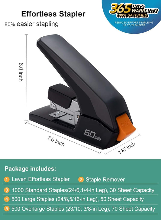 Leven Effortless Heavy Duty Stapler, One Touch Stapling, Easy to Load Ergonomic Stapler, 60 Sheet Capacity, Includes 2000 Staples and Staple Remover for Desktop