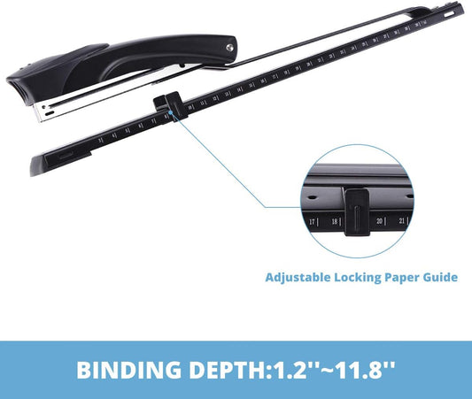 Long Reach Stapler,with 2000 Staples & Stapler Remover Full Strip,20-25 Sheet Capacity,with Built-in Ruler and Adjustable Locking Paper Guide, Gray