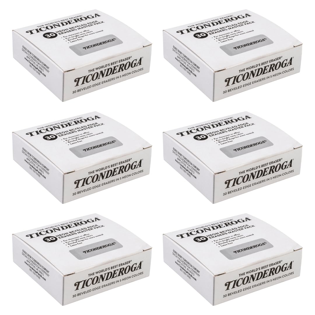 Ticonderoga Wedge Erasers, 2", Beveled Shape, Soft and Non-Abrasive, 5 Assorted Neon Colors, 30 Erasers/Box, 1 Box
