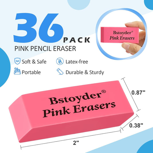 Pink Erasers Bulk, 36 Pack Rubber Pencil Erasers Bulk for School/Office, Latex-Free Smudge-Free Soft Bevel Erasers for Students, Bulk School Supplies for Classrooms, Teachers, Home, Office, Art Class