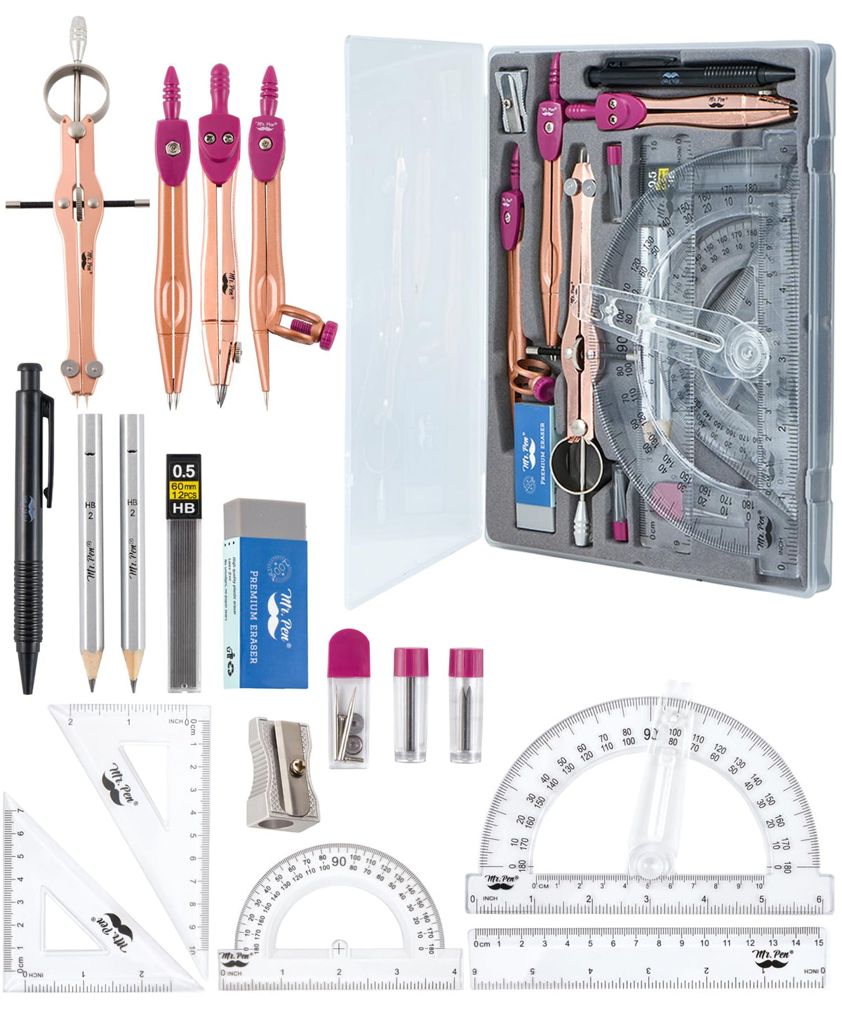 Mr. Pen- Geometry Set, 15 pcs, Light Blue, 6 Inch Swing Arm Protractor
