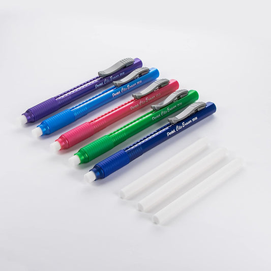 Pentel Clic Retractable Eraser, Assorted Colored Pen Style Grip Erasers, Pack of 5 + 3 Refills