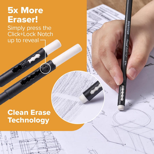 Bostitch, Wood-Cased Pencil Plus, Retractable Eraser, American Cedar Wood, #2 HB, Round, Matte Black, Pre-sharpened, Six Pack