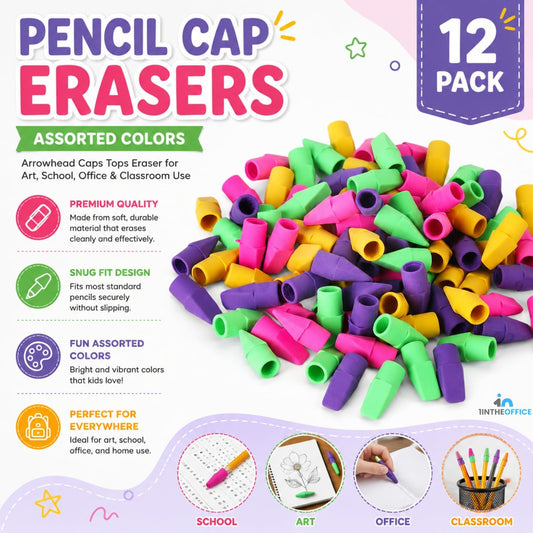 1InTheOffice Pencil Cap Erasers, Assorted Colors, Arrowhead Caps Tops Eraser, Eraser Cap for Art, School, Office Use, and Classroom Set, 12 Pack (Assorted Colors, 12 Pack)