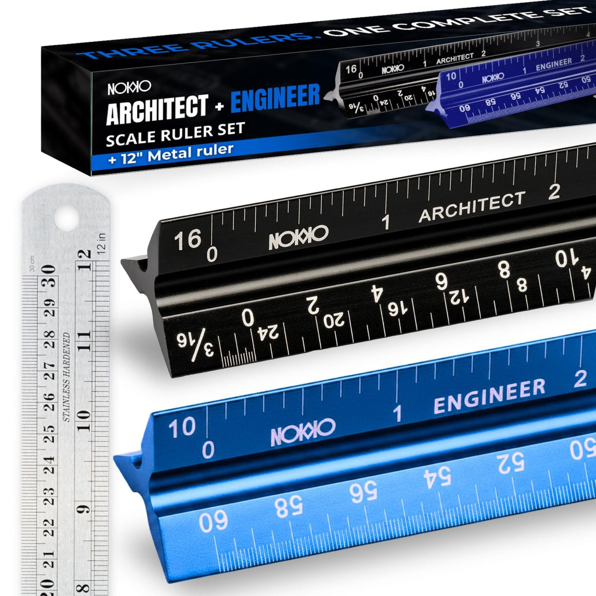 Architectural Scale Ruler and Engineering Scale Ruler Set, 12-Inch, 3-Piece