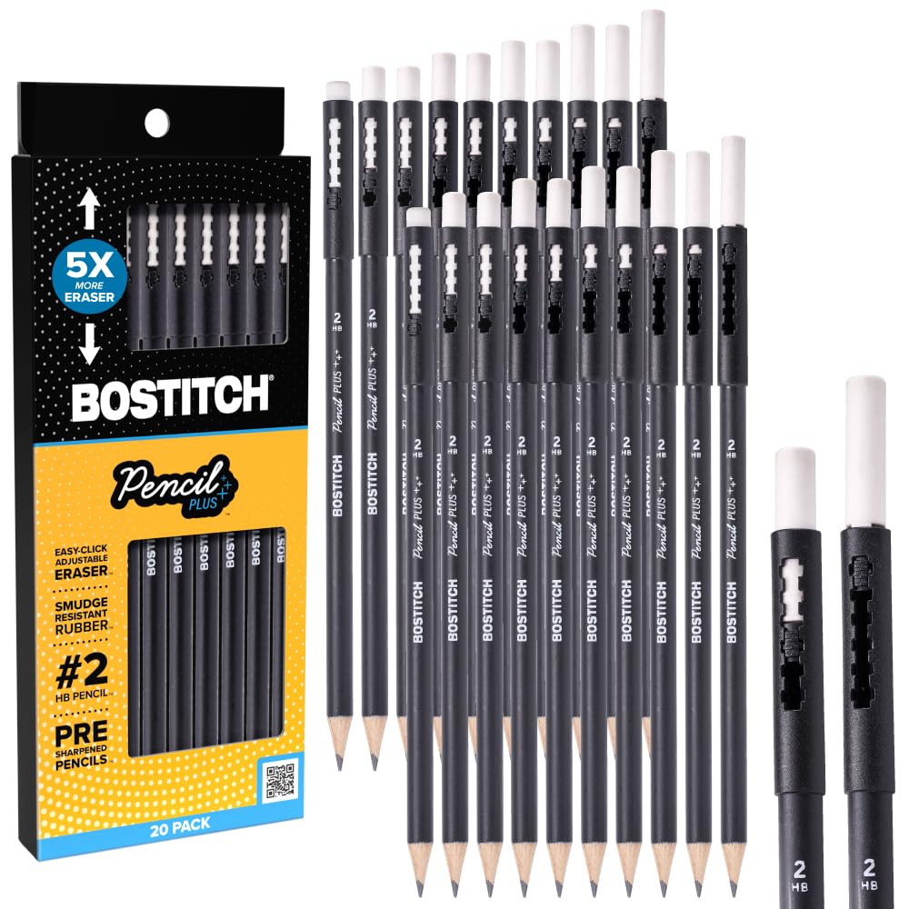 Bostitch, Wood-Cased Pencil Plus, Retractable Eraser, American Cedar Wood, #2 HB, Round, Matte Black, Pre-sharpened, Six Pack