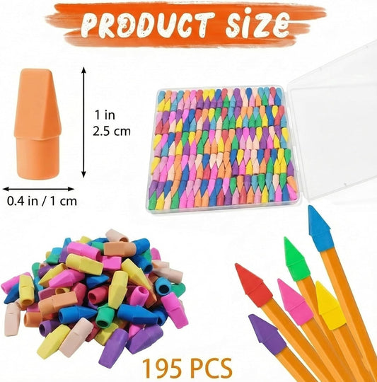 195 Pencil Top Erasers, Latex-Free Chisel Tips, 10 Colors with Storage Box