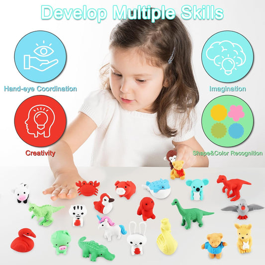 URSKYTOUS 80Pcs Animal Erasers Kids Desk Pets Pencil Erasers 3D Puzzle Eraser Bulk Fun Cute Mini Animal Eraser Toys for Classroom Rewards, Game Prizes, Treasure Box, Easter Egg Fillers