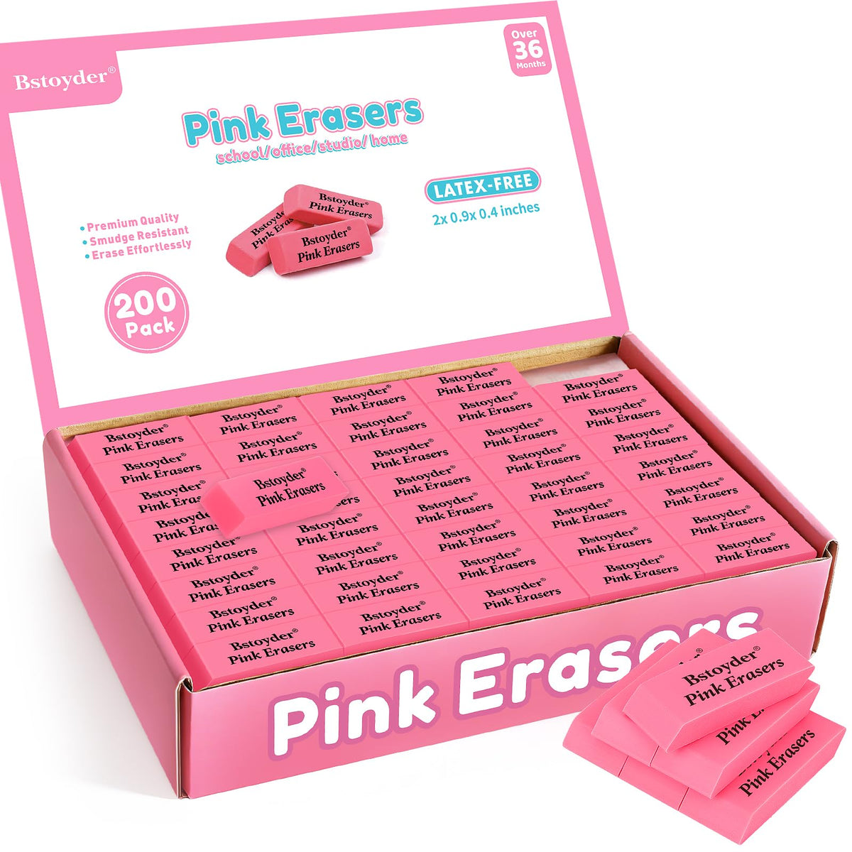 Pink Erasers Bulk, 36 Pack Rubber Pencil Erasers Bulk for School/Office, Latex-Free Smudge-Free Soft Bevel Erasers for Students, Bulk School Supplies for Classrooms, Teachers, Home, Office, Art Class