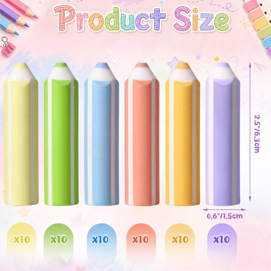 60 Pcs Pencil Shaped Erasers Bulk Classroom Back to School Gifts Colors Cute Pencil Erasers for Kids First Day of School Rewards Classroom Game Prizes Birthday Party Favors Supplies