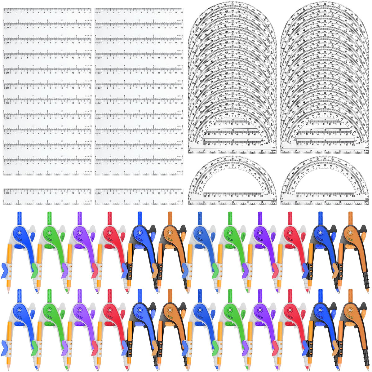 36 Pack Math Compass & Protractor Geometry Math Plastic Ruler Set Drawing Compass with Pencils 6 Inch Plastic Protractor for Geometry Bulk for Office Woodworking Art Drawing