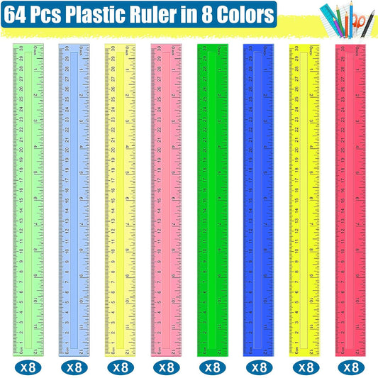 Ruler, 64 Packs 12 Inch Clear Plastic Rulers Bulk for Classroom, Transparent Assorted Color Ruler with Centimeters and Inches, Metric Rulers for Kids, Ideal Back to School Office Home Supplies