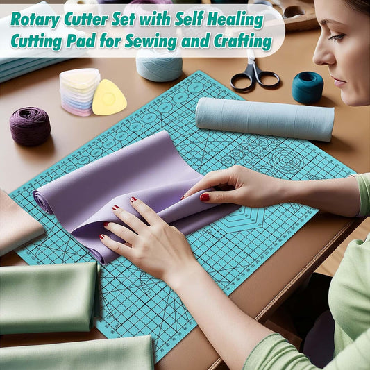 Rotary Cutting Mat and Tools Set, Audab 45mm Fabric Cropping Cutter Wheel with A3 Self Healing Sewing Mat, Blades, Quilting Ruler and Clips, Crafts Knife for Shirt Cloth Patchworking Scrapbooking