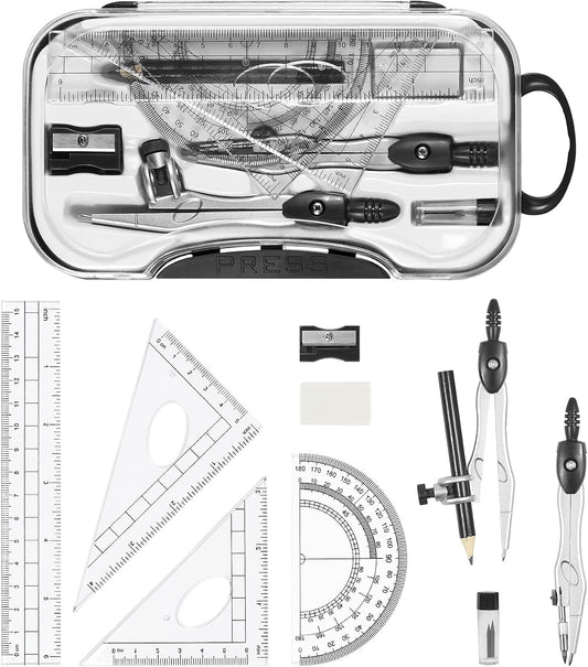 Unjoo Geometry Sets 10 Pcs Student Supplies, Protractor and Compass (Black)