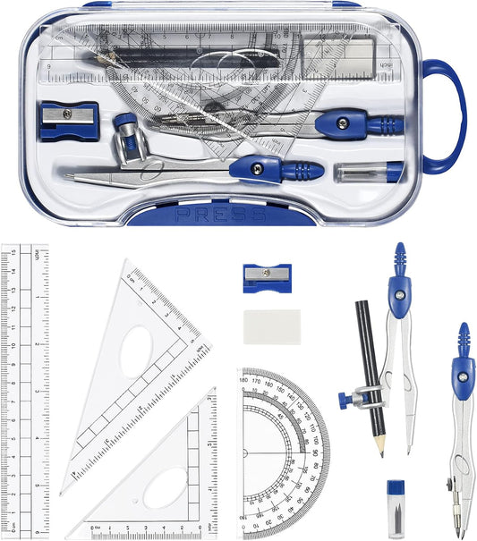 Unjoo Geometry Set 10 Pcs Student Supplies,Protractor and Compass,Navy Blue