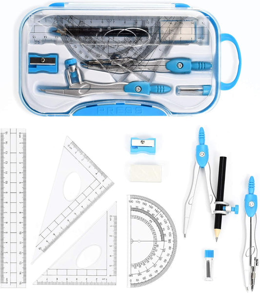 Unjoo Geometry Set 10 Pcs Student Supplies, Protractor and Compass (Blue)