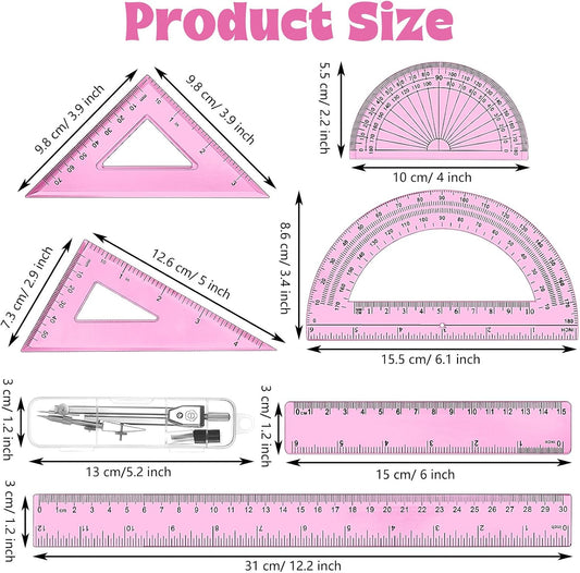 Zonon 7 Pcs Geometry Set with Drawing Compas, 6&4 Inch Protractors, Pink