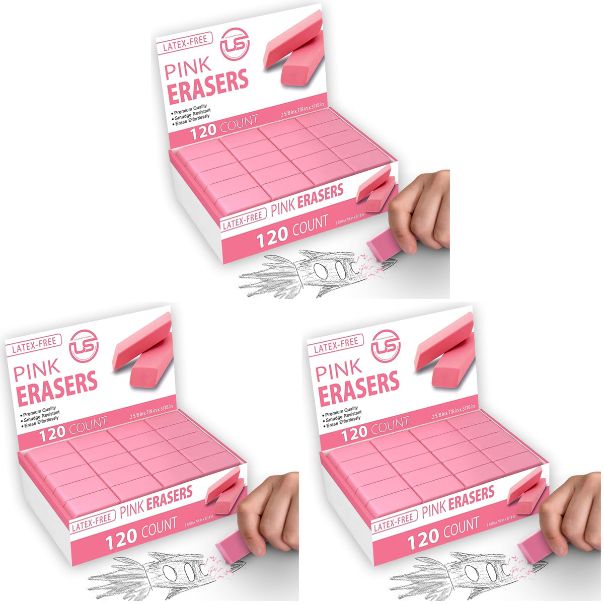 Pink Erasers, 60 Count Rectangular Eraser Bulk Pack, Latex Free Pink Pearl Erasers for School Supplies, Art and Office