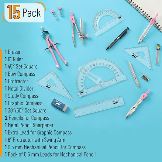 Mr. Pen- Geometry Set, 15 pcs, Pink, 6 Inch Swing Arm Protractor, Divider