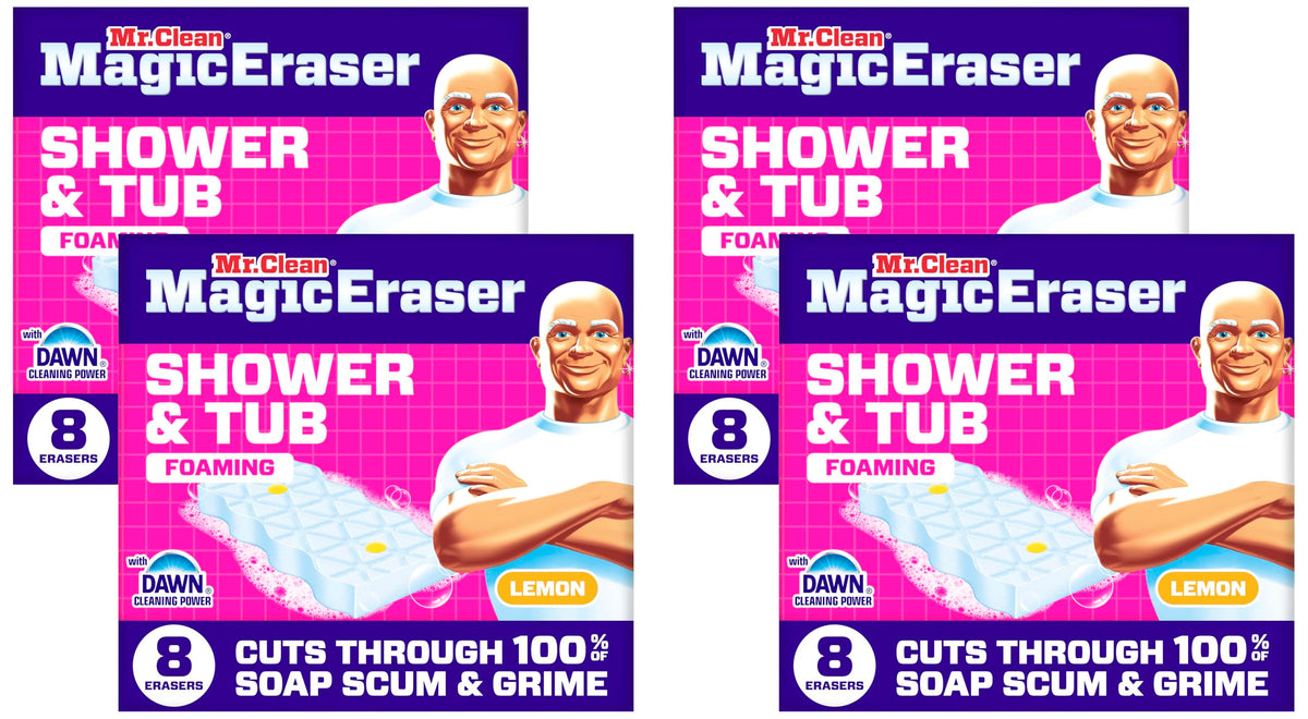 Mr. Clean Magic Eraser Sponge, Bathroom, Shower, Tub Cleaner, Soap Scum Remover, Bathroom Cleaning Supplies, Dawn Cleaning Power with Lemon Scent, Shower & Tub, 8ct