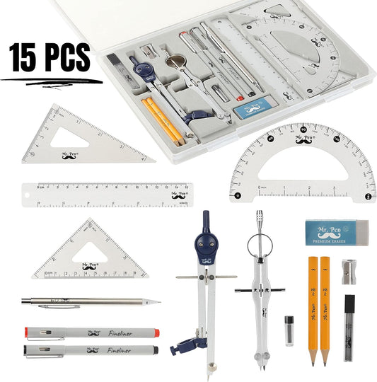 Mr. Pen- Professional Geometry Set, 15 pcs, Drafting Tools with Protractor