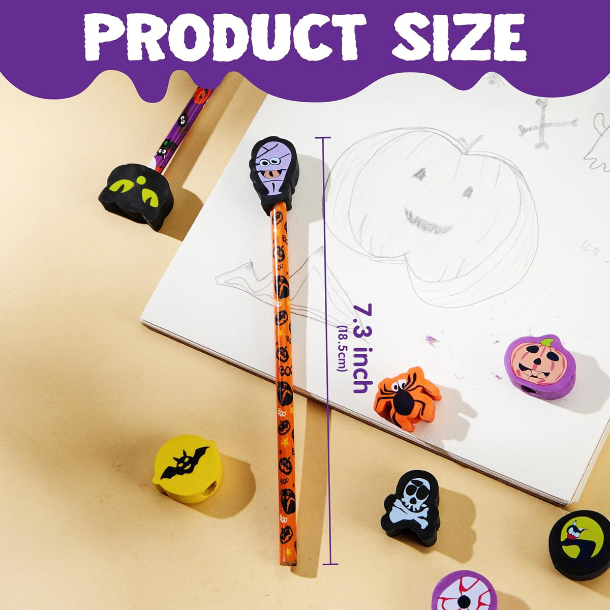 JOYIN 108PCS Halloween Pencils with Erasers Stationery Set, 108 Colorful Pencils in 6 Design, 108 Giant Erasers in 12 Style for Kid Trick or Treat, Halloween Party Favor Supplies, Classroom Prize Gift