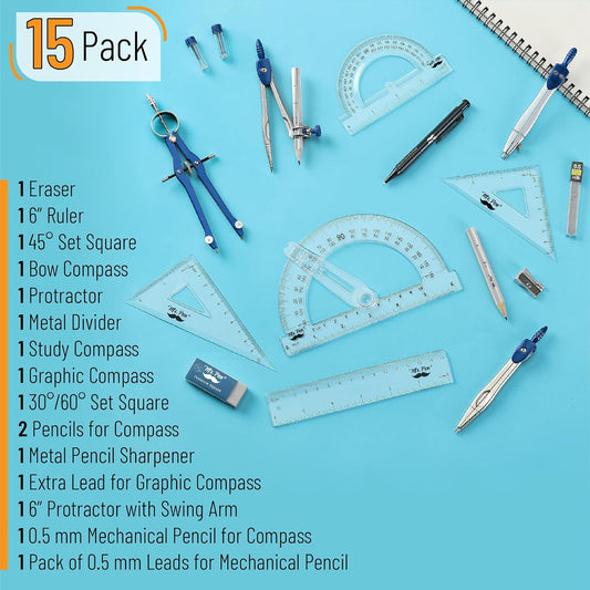 Mr. Pen- Geometry Set, 15 pcs, Navy Blue, 6 Inch Swing Arm Protractor