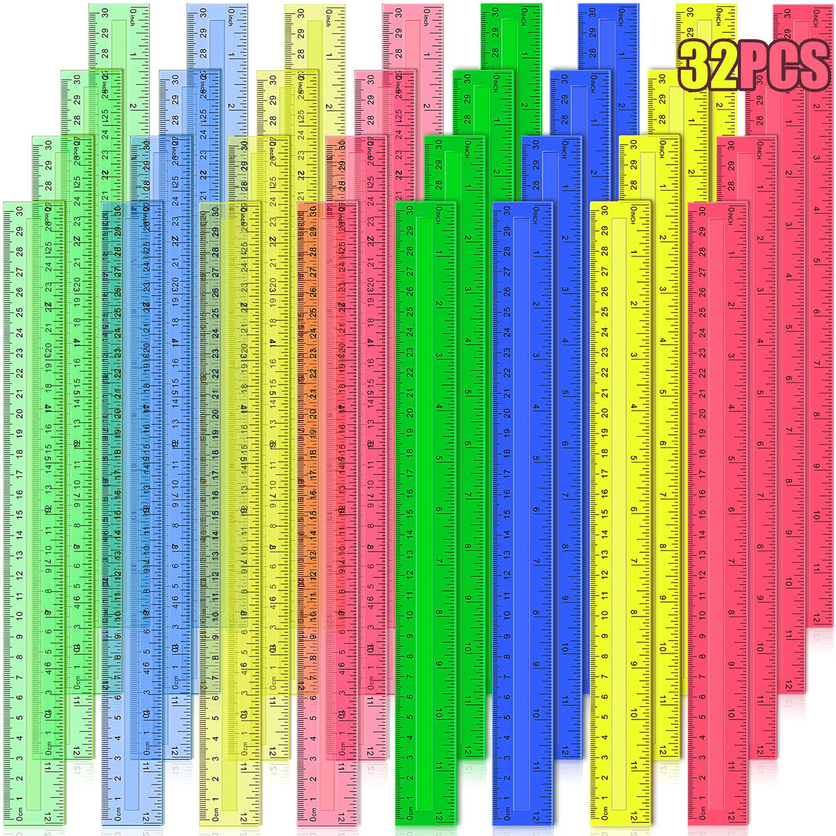 Ruler, 32 Pack 12 Inch Clear Plastic Rulers Bulk for Classroom