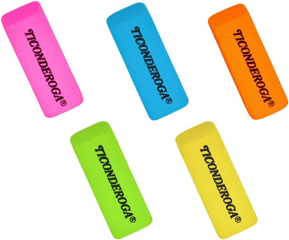 Ticonderoga Wedge Erasers, 2", Beveled Shape, Soft and Non-Abrasive, 5 Assorted Neon Colors, 30 Erasers/Box, 1 Box