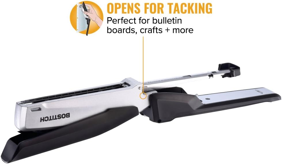 Bostitch Office Executive Metal Desktop Stapler, 3 in 1 Spring Powered Stapler, One Finger, Staple Storage Compartment & Staple Remover, Includes 210 Staples, 28 Sheet Capacity, Black/Gray