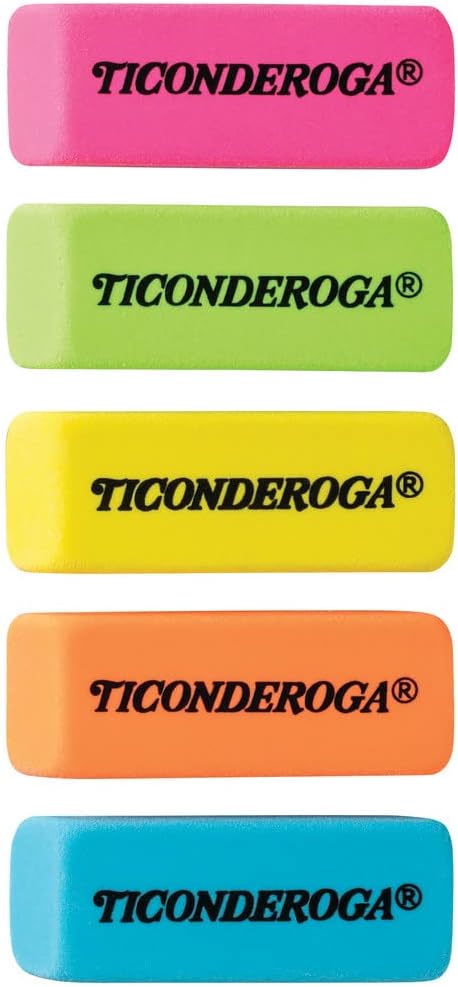 Ticonderoga Wedge Erasers, 2", Beveled Shape, Soft and Non-Abrasive, 5 Assorted Neon Colors, 30 Erasers/Box, 1 Box
