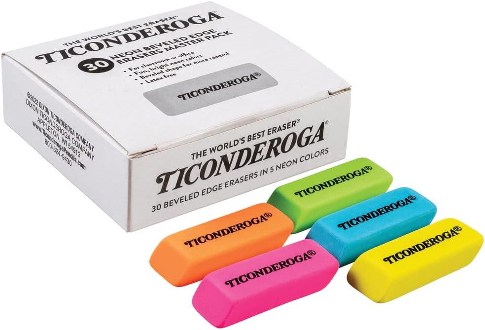 Ticonderoga Wedge Erasers, 2", Beveled Shape, Soft and Non-Abrasive, 5 Assorted Neon Colors, 30 Erasers/Box, 1 Box