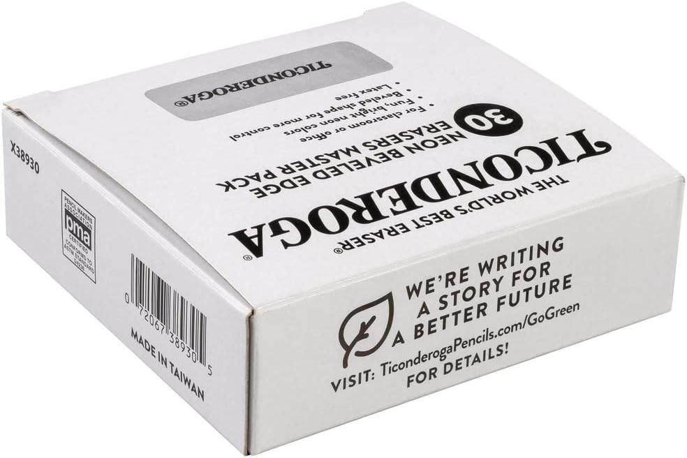 Ticonderoga Wedge Erasers, 2", Beveled Shape, Soft and Non-Abrasive, 5 Assorted Neon Colors, 30 Erasers/Box, 1 Box