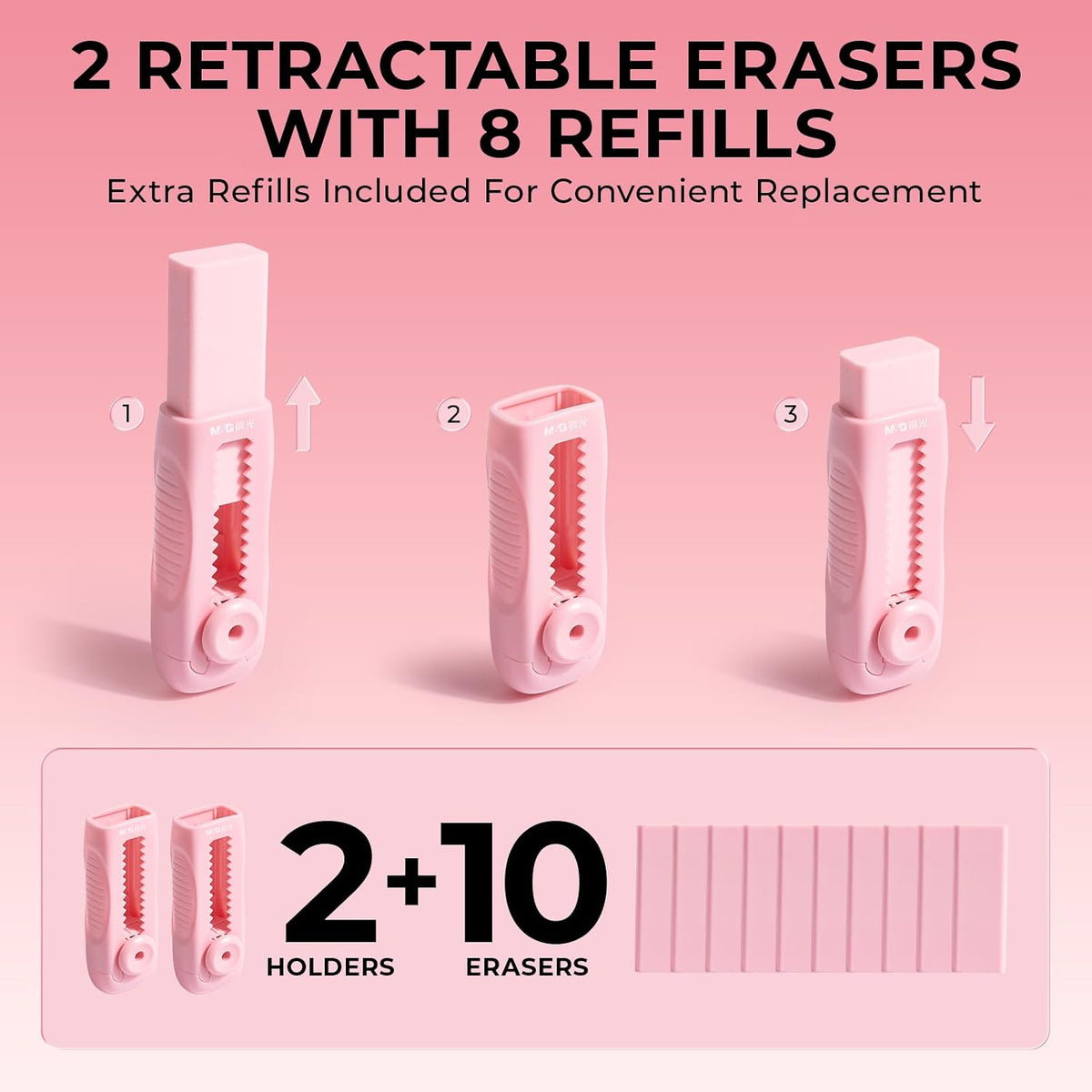 M&G 2+8 Retractable Erasers, Sliding Rubber Eraser Set, Pink Erasers