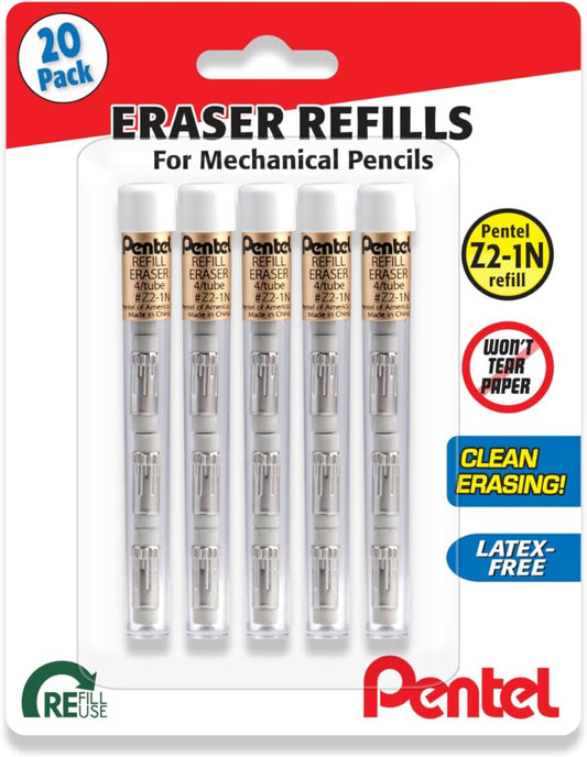 Pentel Mechanical Pencil Eraser Refills, 20 Erasers - 5 Tubes Per Pack, 4 Erasers Per Tube