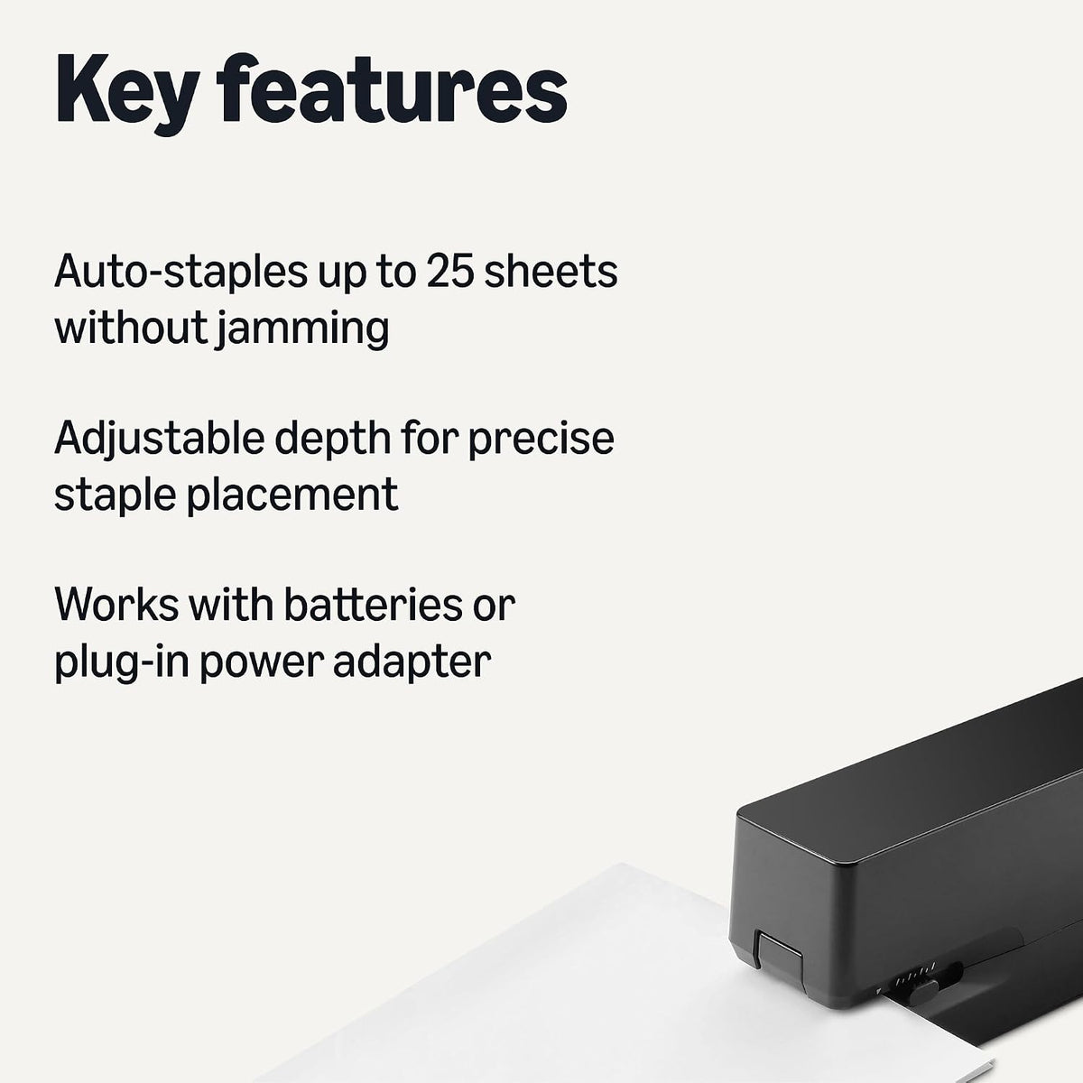 Amazon Basics Electric Automatic Stapler for Desk, 25 Sheet Capacity, No Jam Technology, Adjustable Staple Placement, Battery or AC Powered, Black