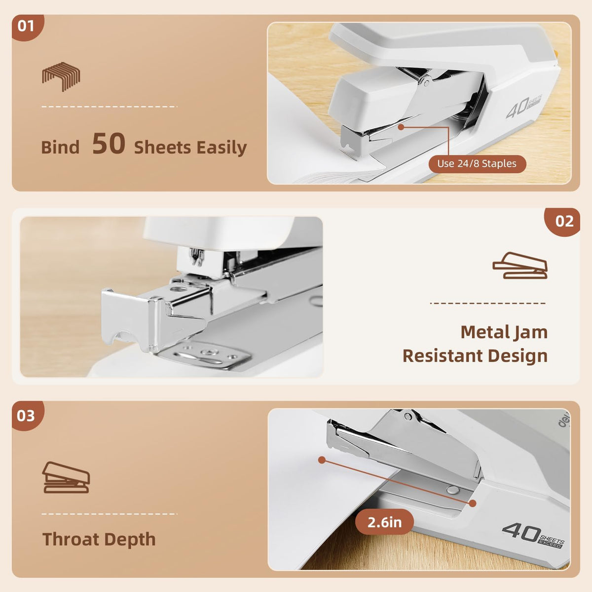 Deli Effortless Desktop Stapler, Heavy Duty Stapler, White
