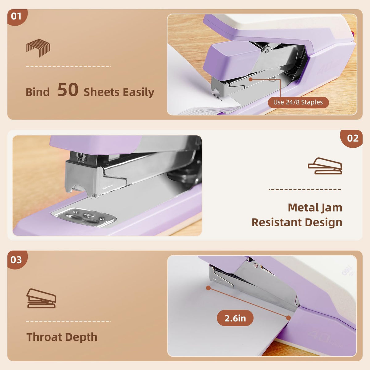 Deli Effortless Desktop Stapler, Heavy Duty Stapler, Violet