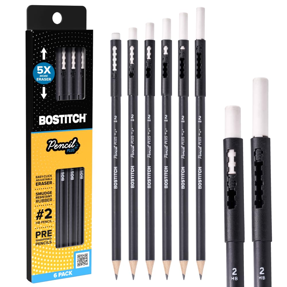 Bostitch, Wood-Cased Pencil Plus, Retractable Eraser, American Cedar Wood, #2 HB, Round, Matte Black, Pre-sharpened, Six Pack