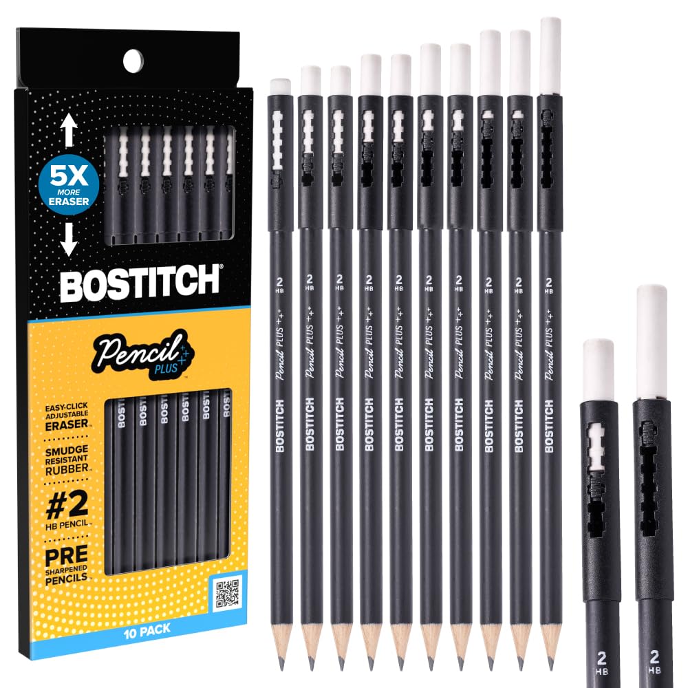 Bostitch, Wood-Cased Pencil Plus, Retractable Eraser, American Cedar Wood, #2 HB, Round, Matte Black, Pre-sharpened, Six Pack