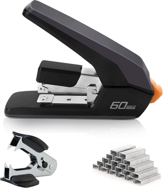 Leven Effortless Heavy Duty Stapler, One Touch Stapling, Easy to Load Ergonomic Stapler, 60 Sheet Capacity, Includes 2000 Staples and Staple Remover for Desktop