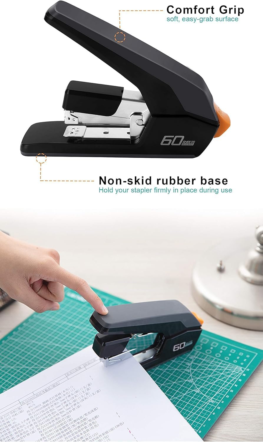 Leven Effortless Heavy Duty Stapler, One Touch Stapling, Easy to Load Ergonomic Stapler, 60 Sheet Capacity, Includes 2000 Staples and Staple Remover for Desktop