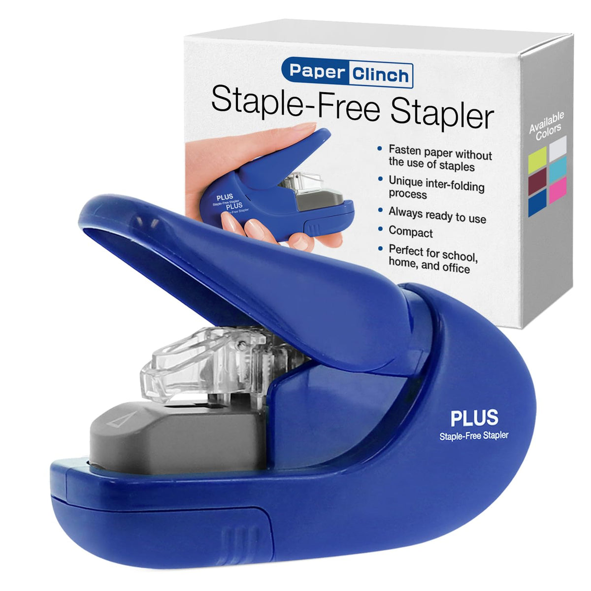 Plus Paper Clinch Desktop Staple-Free Stapler, Blue