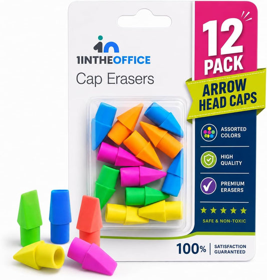1InTheOffice Pencil Cap Erasers, Assorted Colors, Arrowhead Caps Tops Eraser, Eraser Cap for Art, School, Office Use, and Classroom Set, 12 Pack (Assorted Colors, 12 Pack)