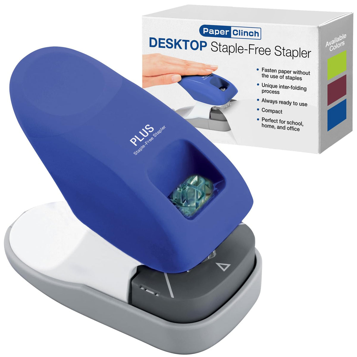Plus Paper Clinch Desktop Staple-Free Stapler, Blue