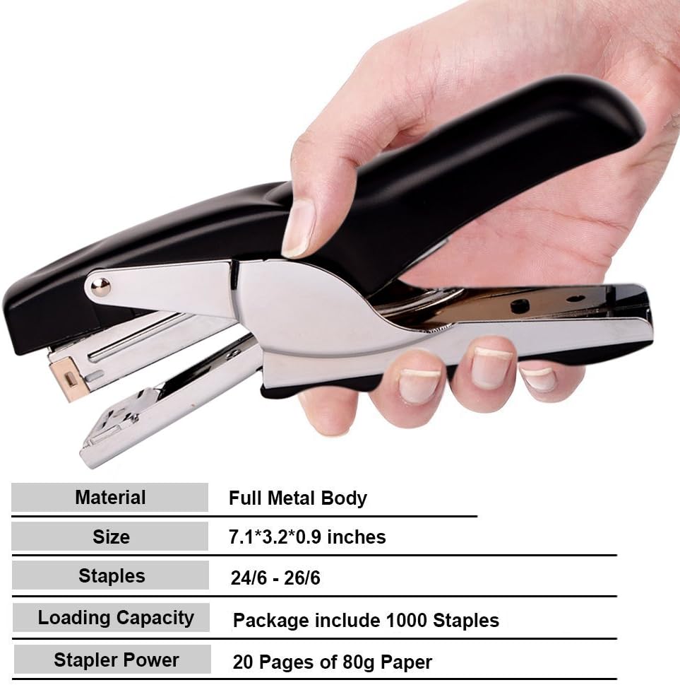 Stapler with 1000 Staples-Plier Stapler Save 60% Power,Good for Stapling at Home School or Warehouse (Black Plier Stapler)