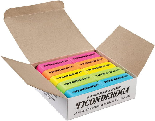 Ticonderoga Wedge Erasers, 2", Beveled Shape, Soft and Non-Abrasive, 5 Assorted Neon Colors, 30 Erasers/Box, 1 Box