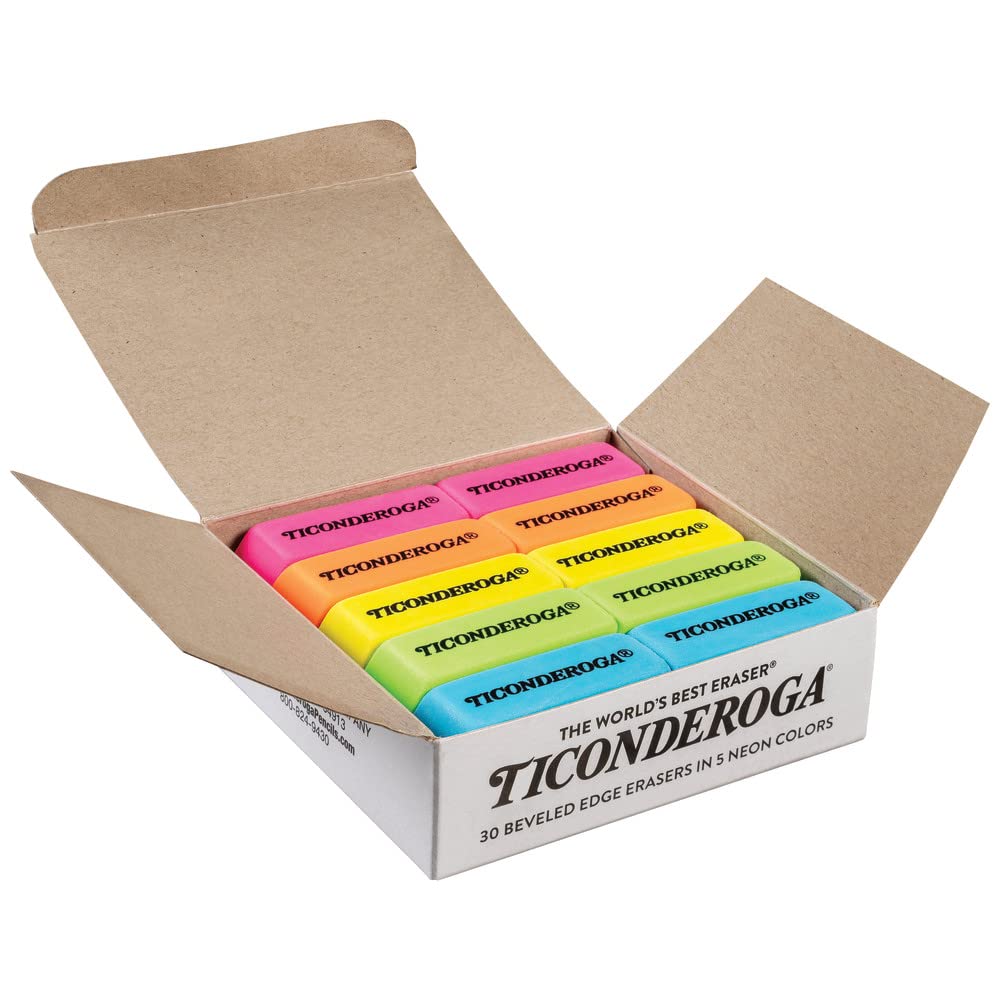 Ticonderoga Wedge Erasers, 2", Beveled Shape, Soft and Non-Abrasive, 5 Assorted Neon Colors, 30 Erasers/Box, 1 Box