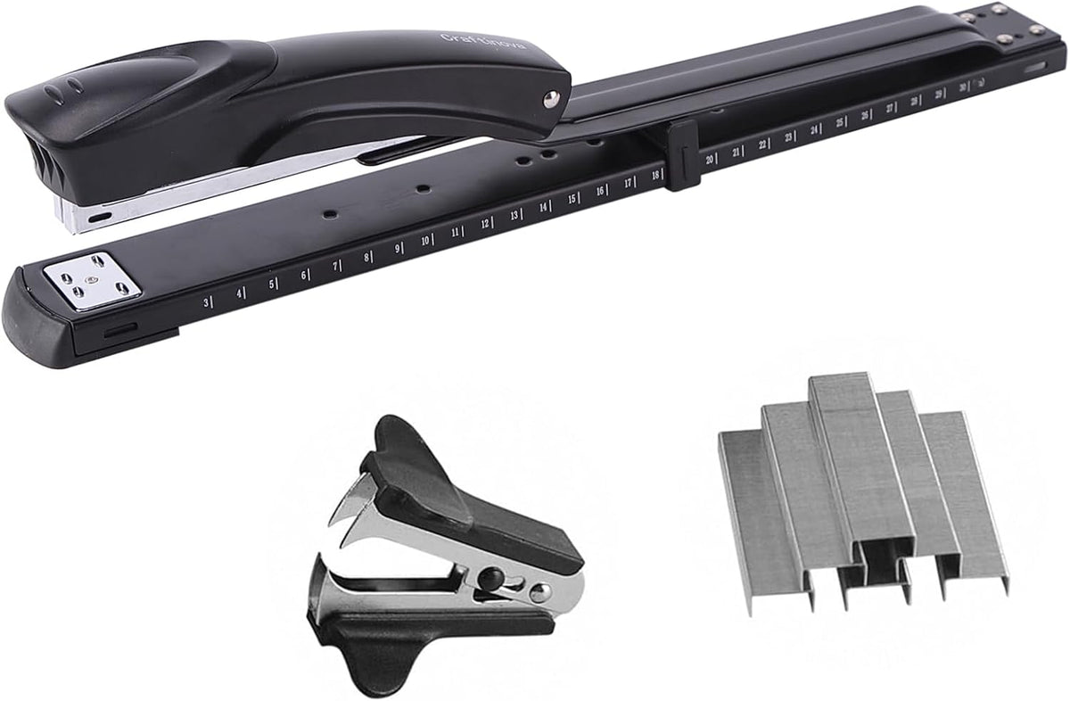 Long Reach Stapler,with 2000 Staples & Stapler Remover Full Strip，20-25 Sheet Capacity,with Built-in Ruler and Adjustable Locking Paper Guide, Gray
